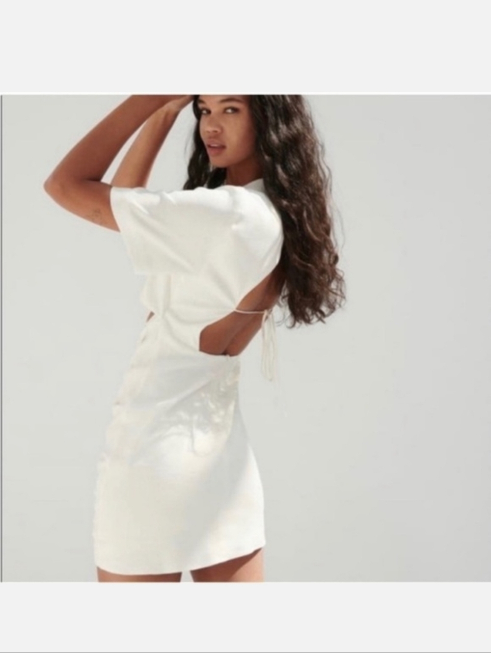 Zara Linen Blend Ivory Cream Cut Out Open Back Ruched Mini Shirt Dress Size XS - Picture 2 of 9